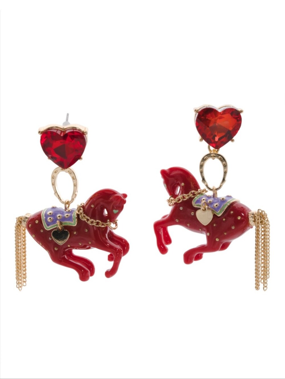 Betsey Johnson Red Horse Dangle Earrings with Heart Gem NWT